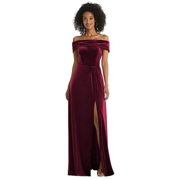 After Six 1554 Velvet Off Shoulder Bridesmaid Gown Dress Cabernet Red 22-W NWT - Picture 1 of 12